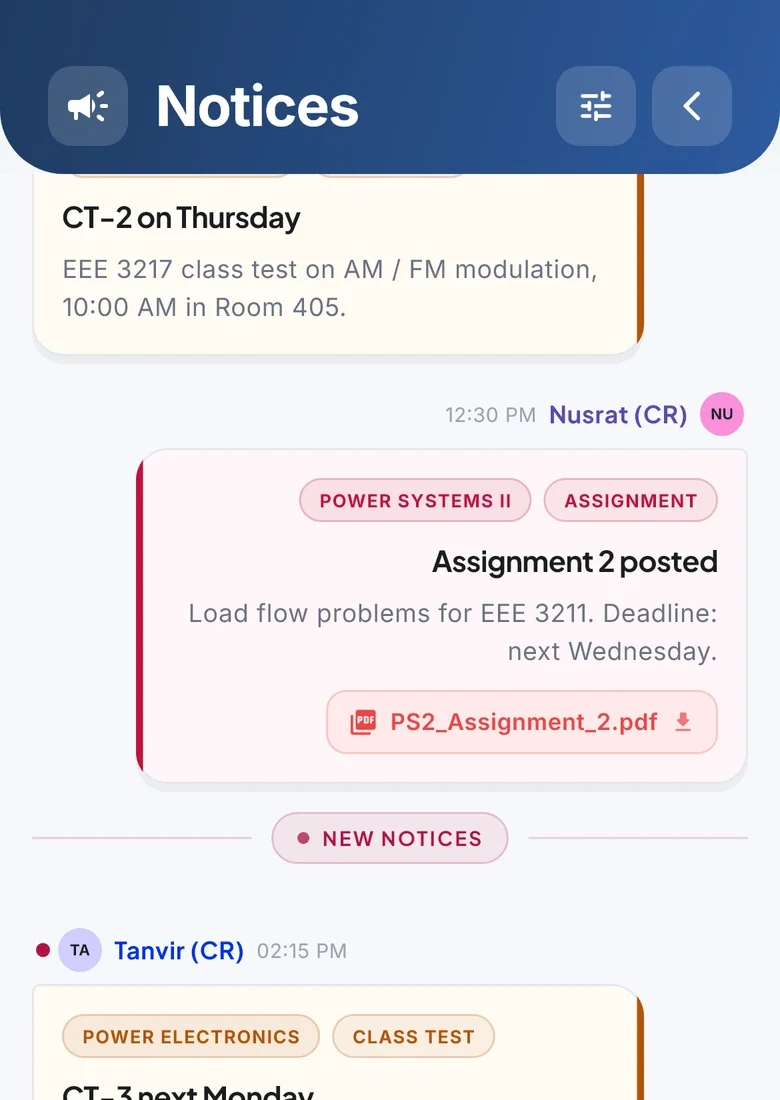 Class notices from CRs in the app
