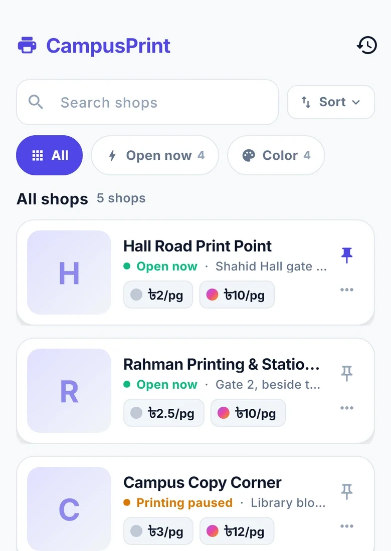 Nearby print shops with prices in the app