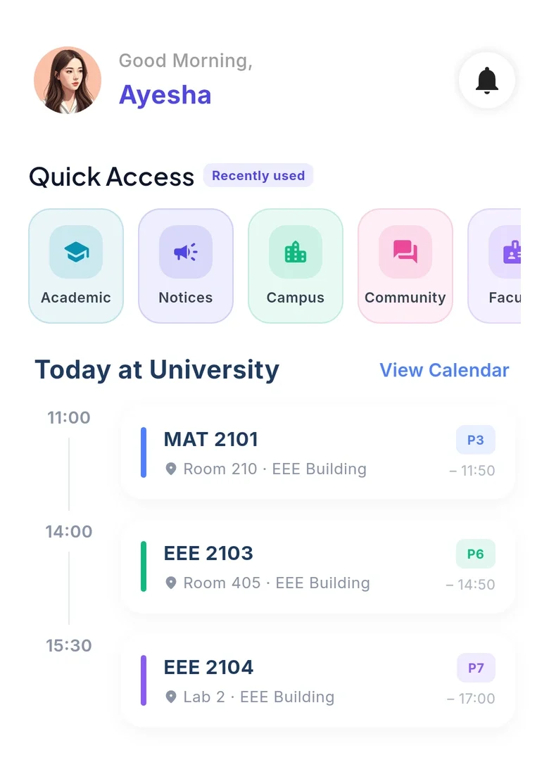 Today’s classes as a timeline in the app