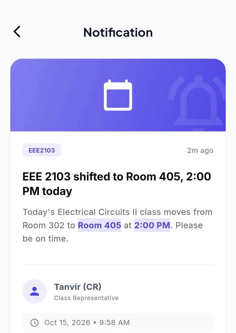 The full notice with the new room and time highlighted