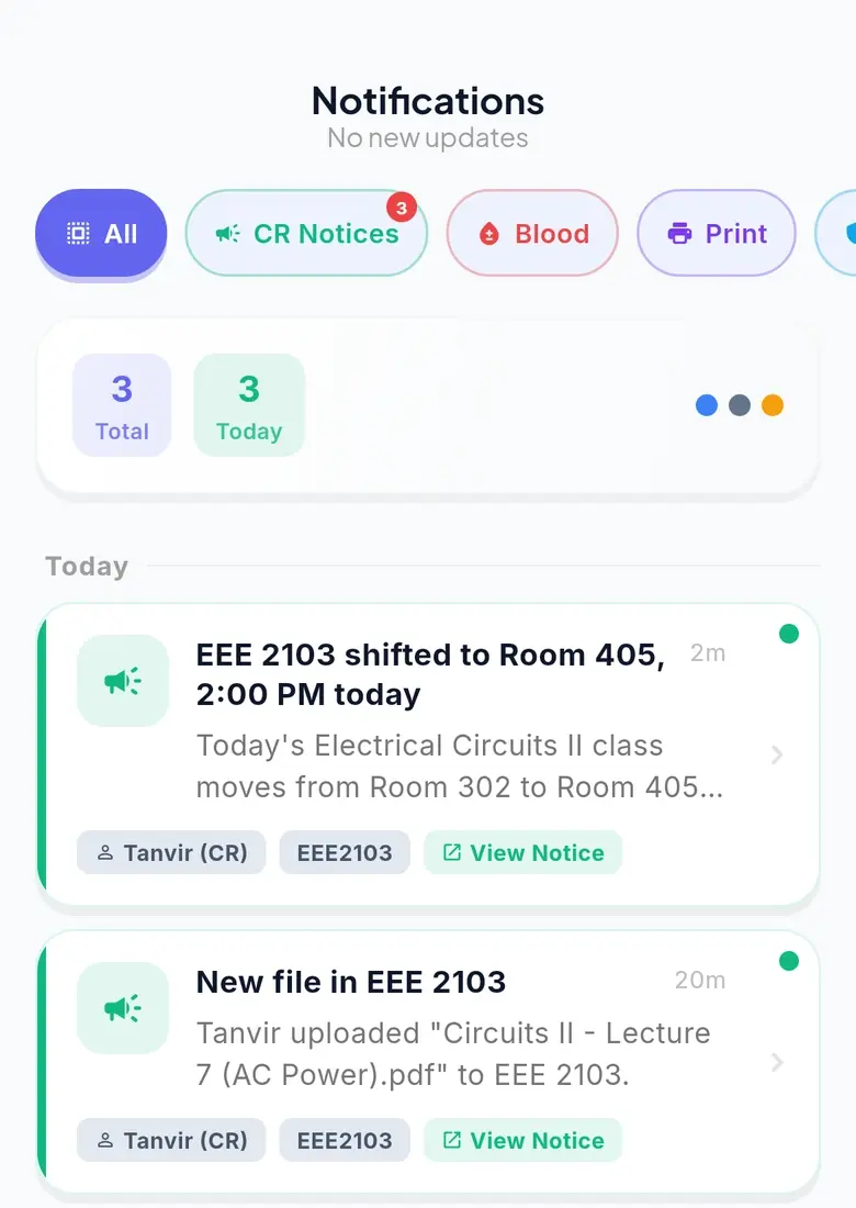 Notifications: a room change and a new course file from the CR