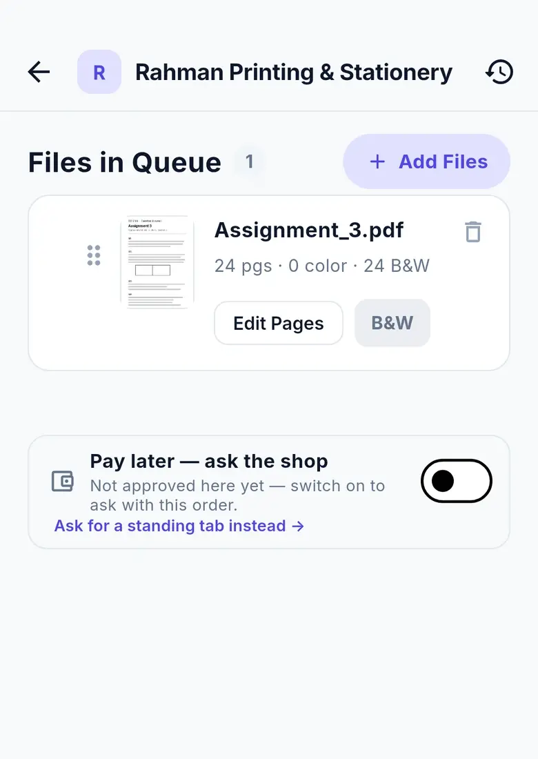 A print order: a 24-page PDF in the queue and a pay-later request to the shop