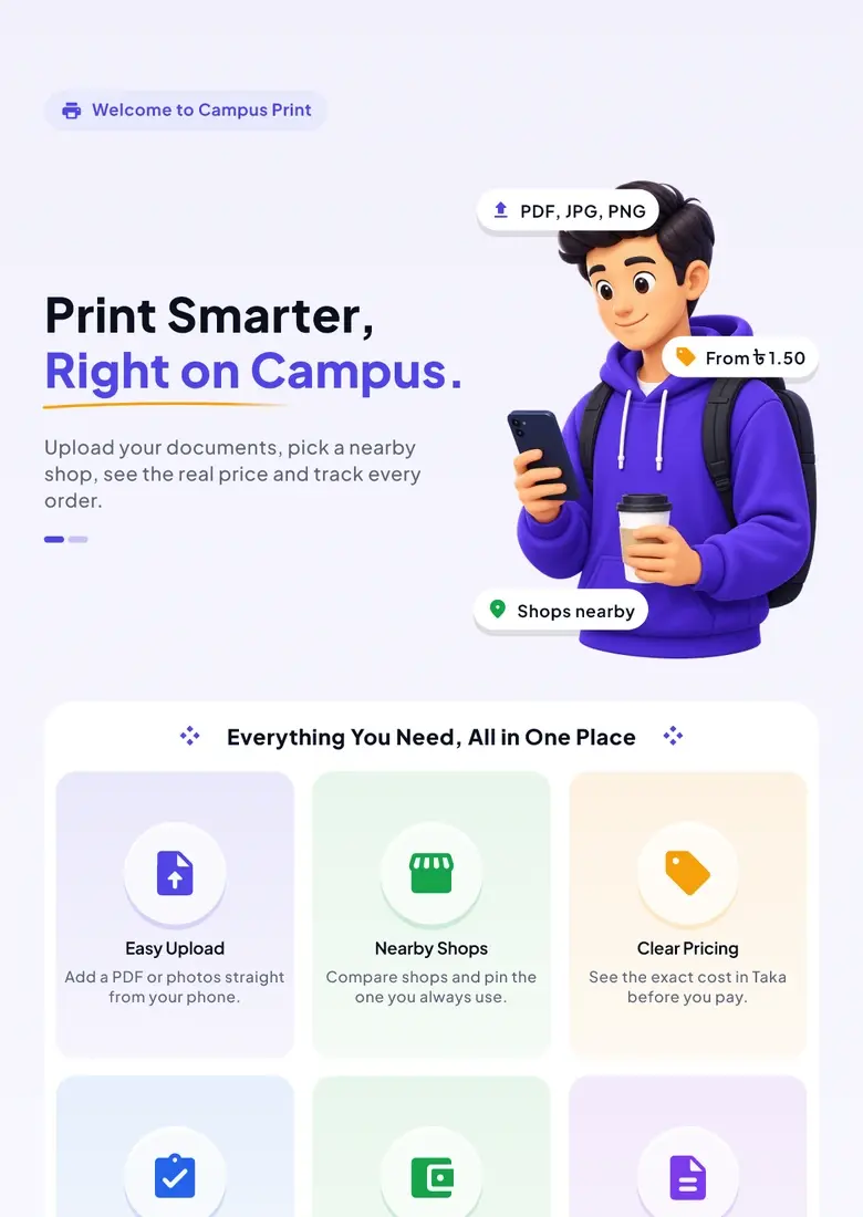 Campus Print welcome: easy upload, nearby shops, clear pricing