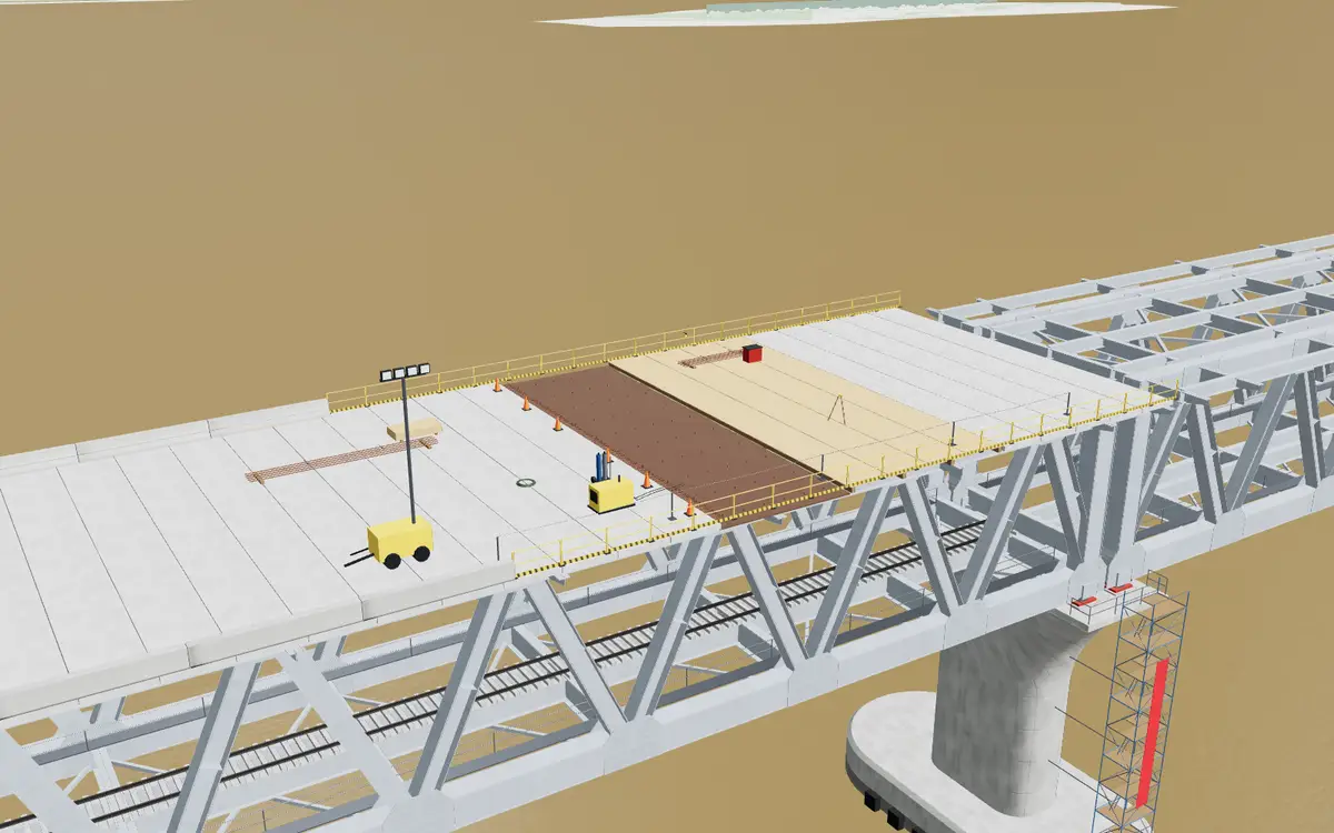 3D close view of a bridge deck on top of a steel truss
