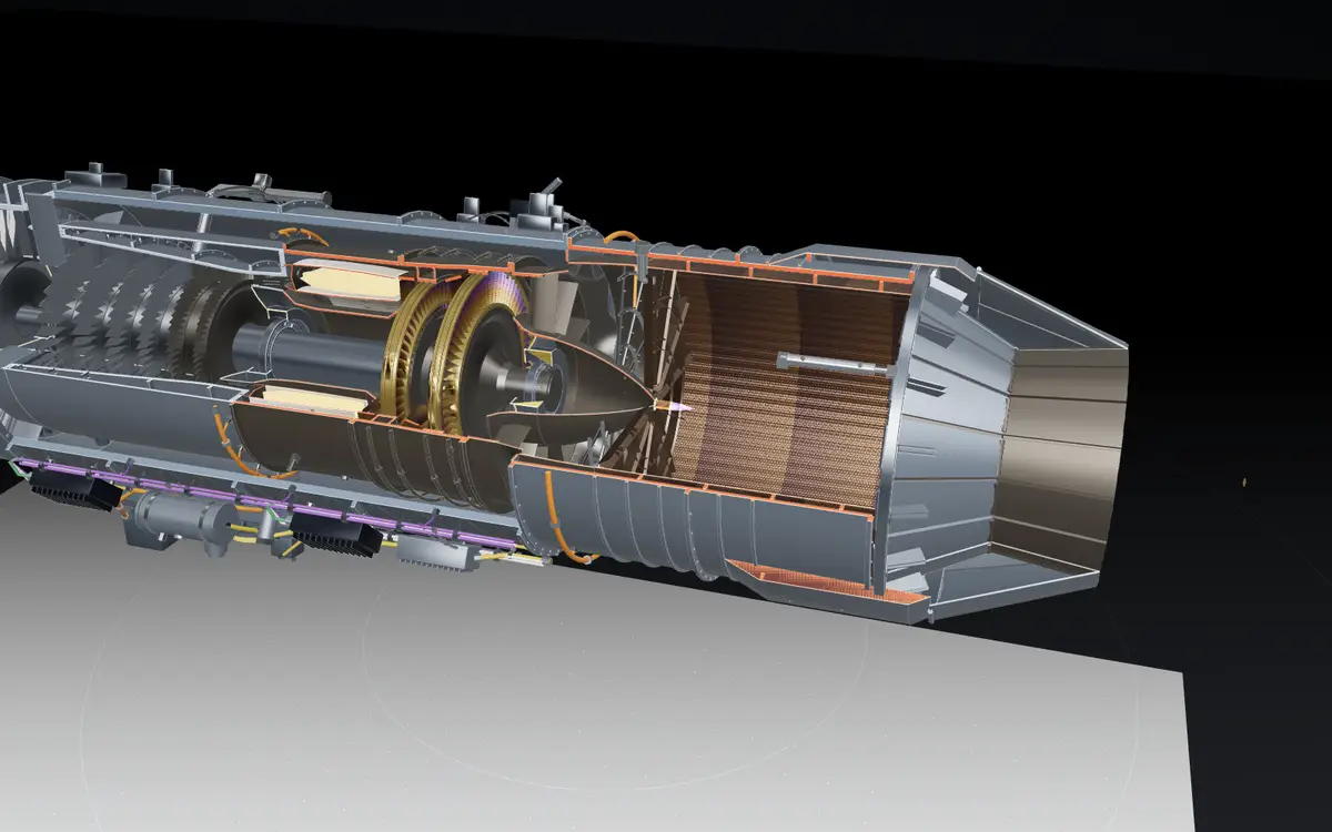 3D side cutaway of the jet engine from fan to nozzle