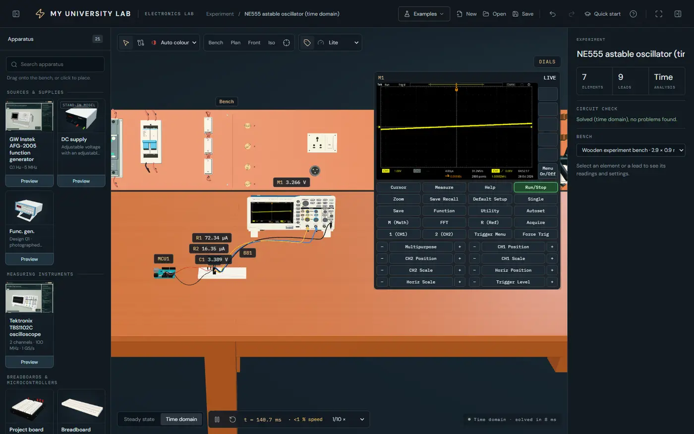 The Electronics Lab with a 555 timer on the oscilloscope
